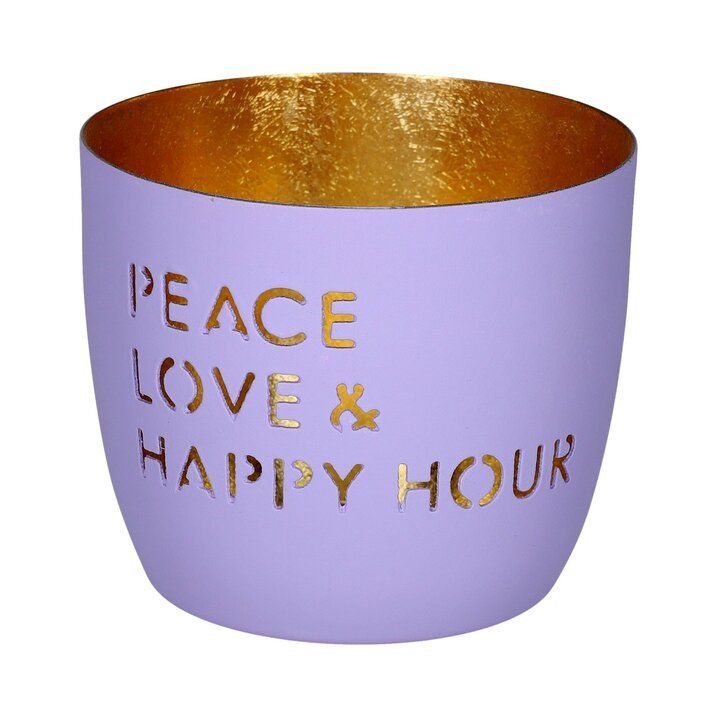GIFTCAMPONY Madras, Windlicht, M, Motiv: Peace, Love & Happy hour, lila/gold