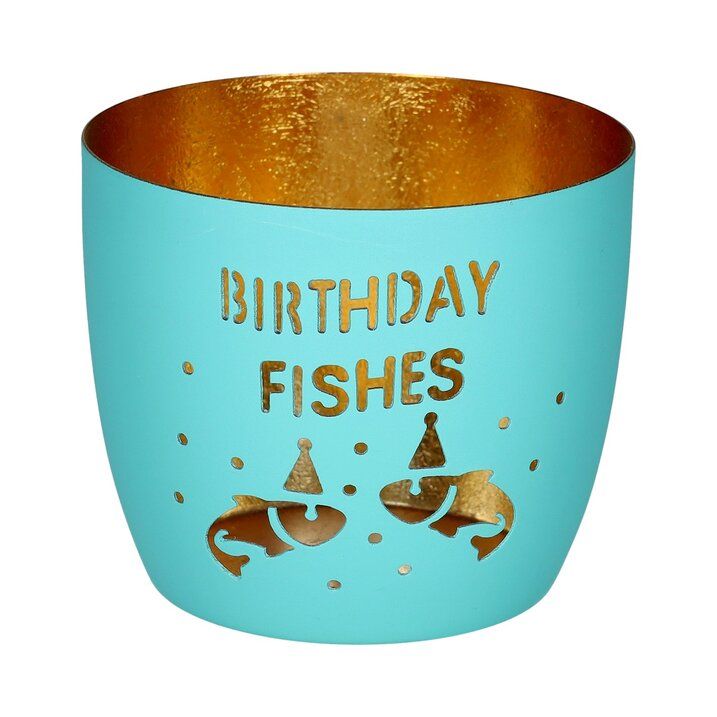 GIFTCAMPONY Madras, Windlicht, M, Motiv: Birthday fishes, türkis/gold
