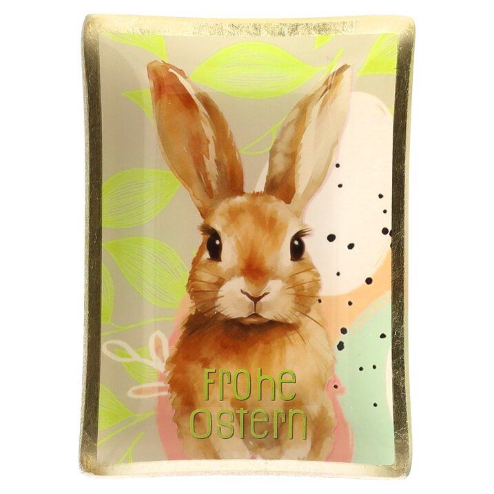 GIFTCAMPONY Love Plates, Glasteller M, Motiv: Hase, Frohe Ostern, gelb